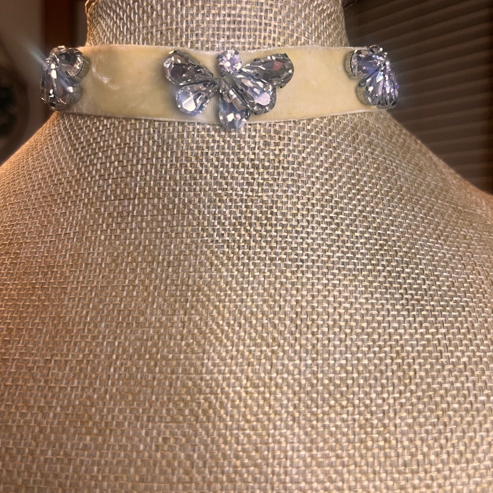 Velvet Ribbon Necklace with Silver crystal Floral Accents. Choker style . so fun